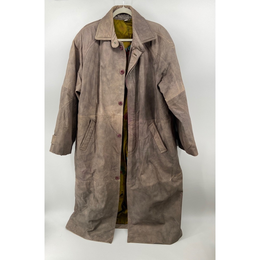 Vintage Real Leather Long Trench Coat XL Distressed Grey Costume